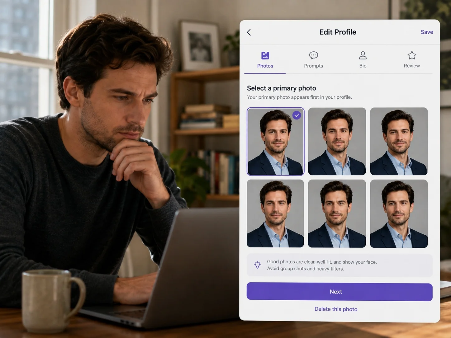 Man reviewing repeated formal AI portrait options in a profile editor and noticing the lack of casual photo variety