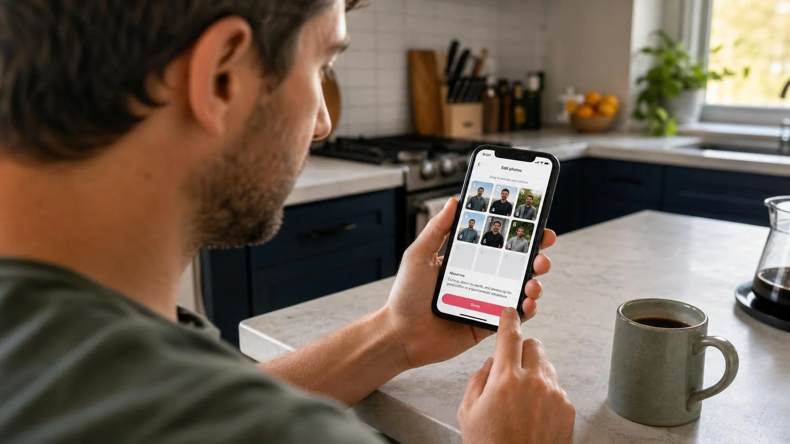 Man reordering dating profile photo slots on his phone to decide which shot should lead his lineup