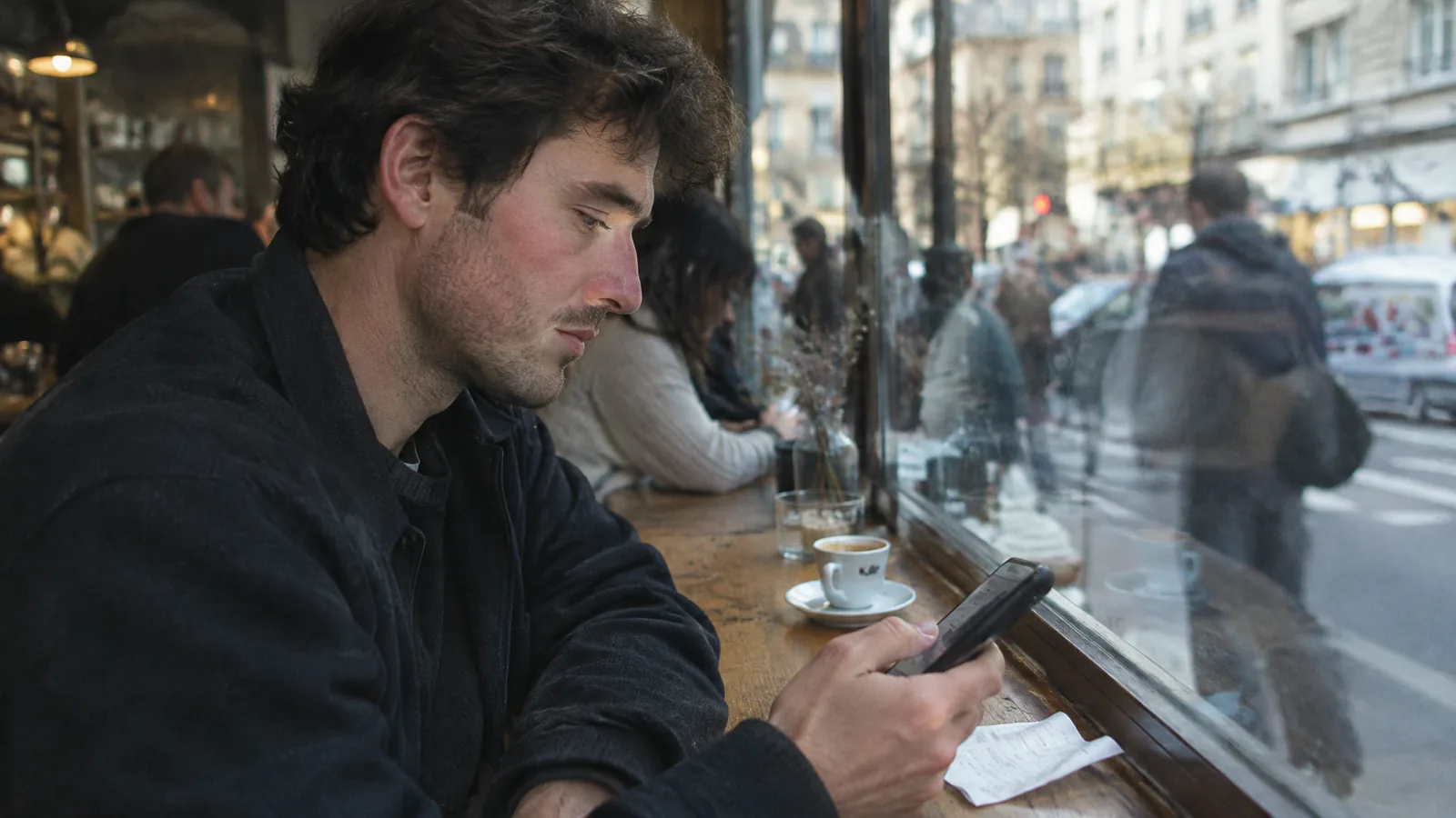 Man at a café window checking AI dating photo results on his phone while deciding which generator to use