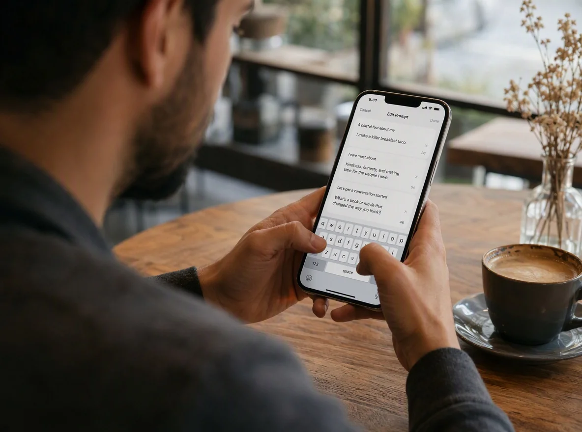 Man drafting a Bumble prompt answer on his phone at a coffee shop to spark more conversations
