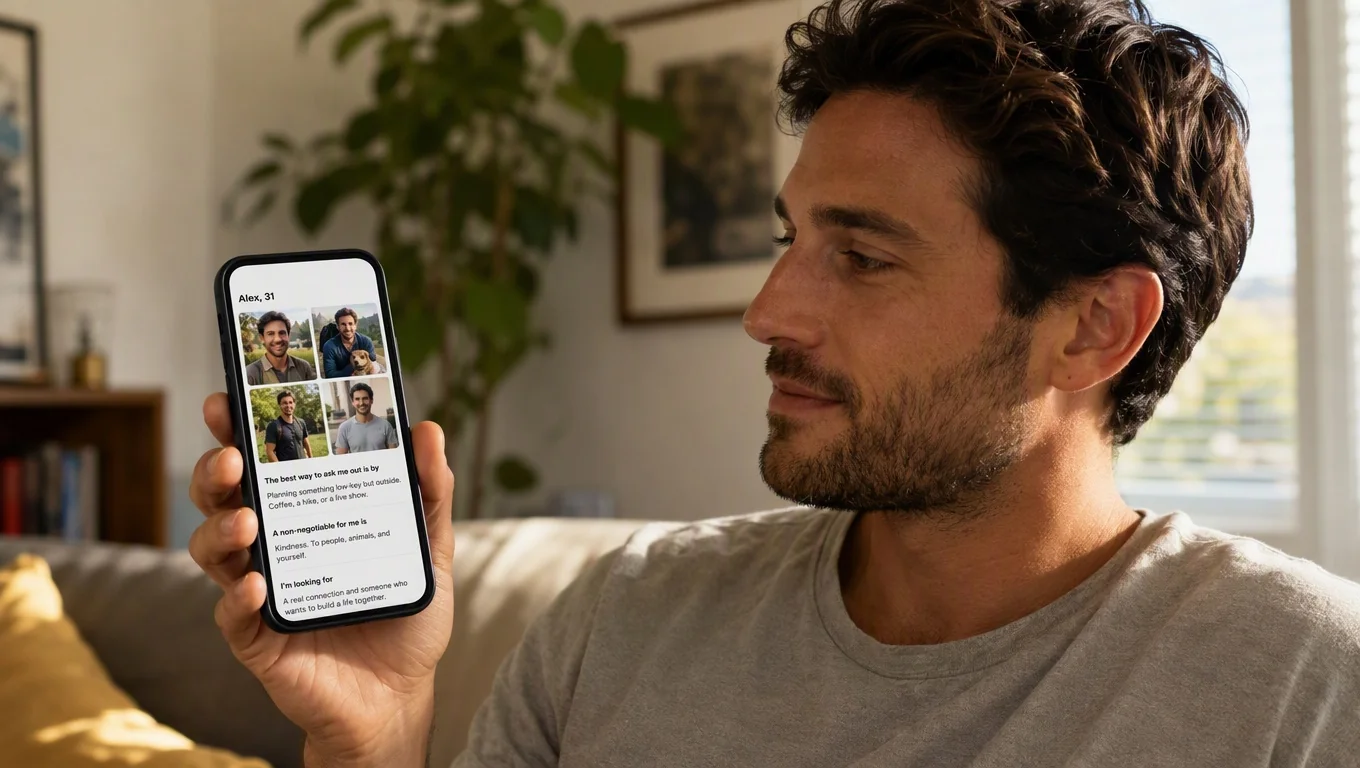 Man reviewing his Bumble profile to match his prompt answers with his photos for consistency