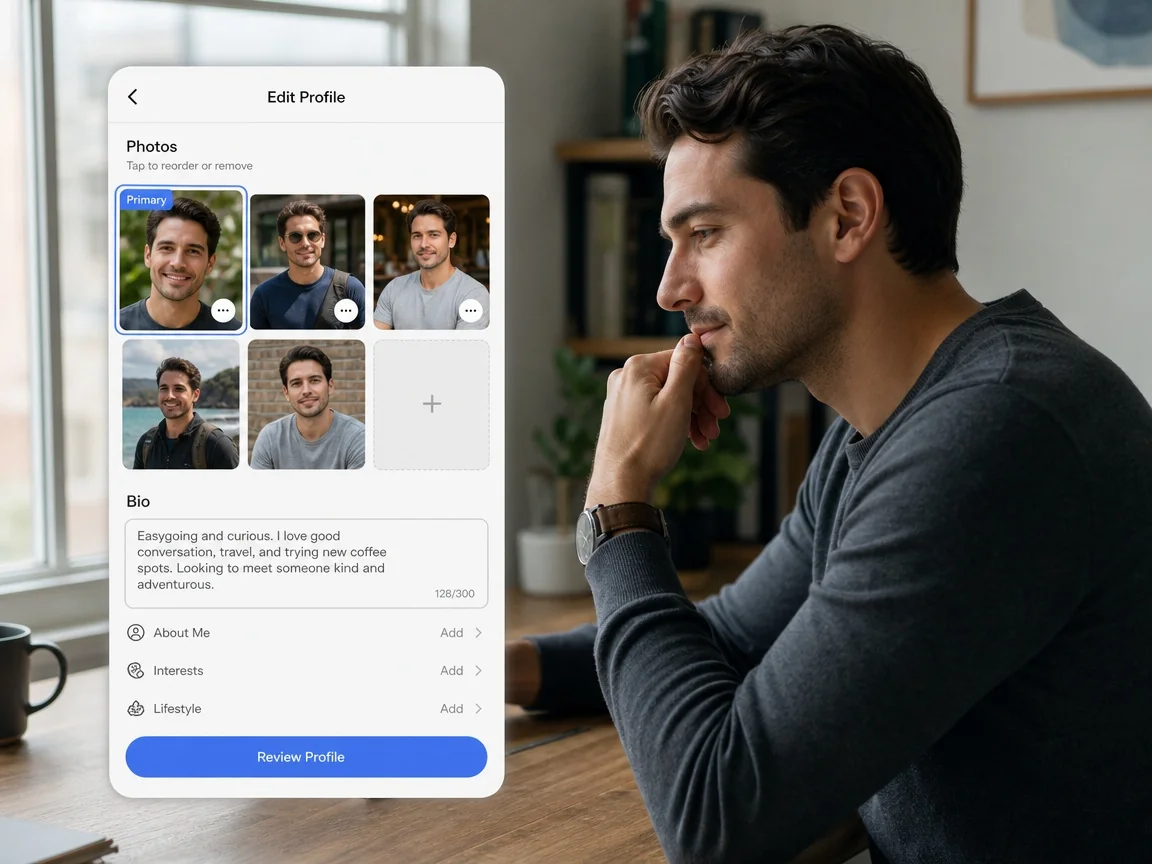 A man choosing his clearest solo headshot as the lead photo in his dating profile lineup