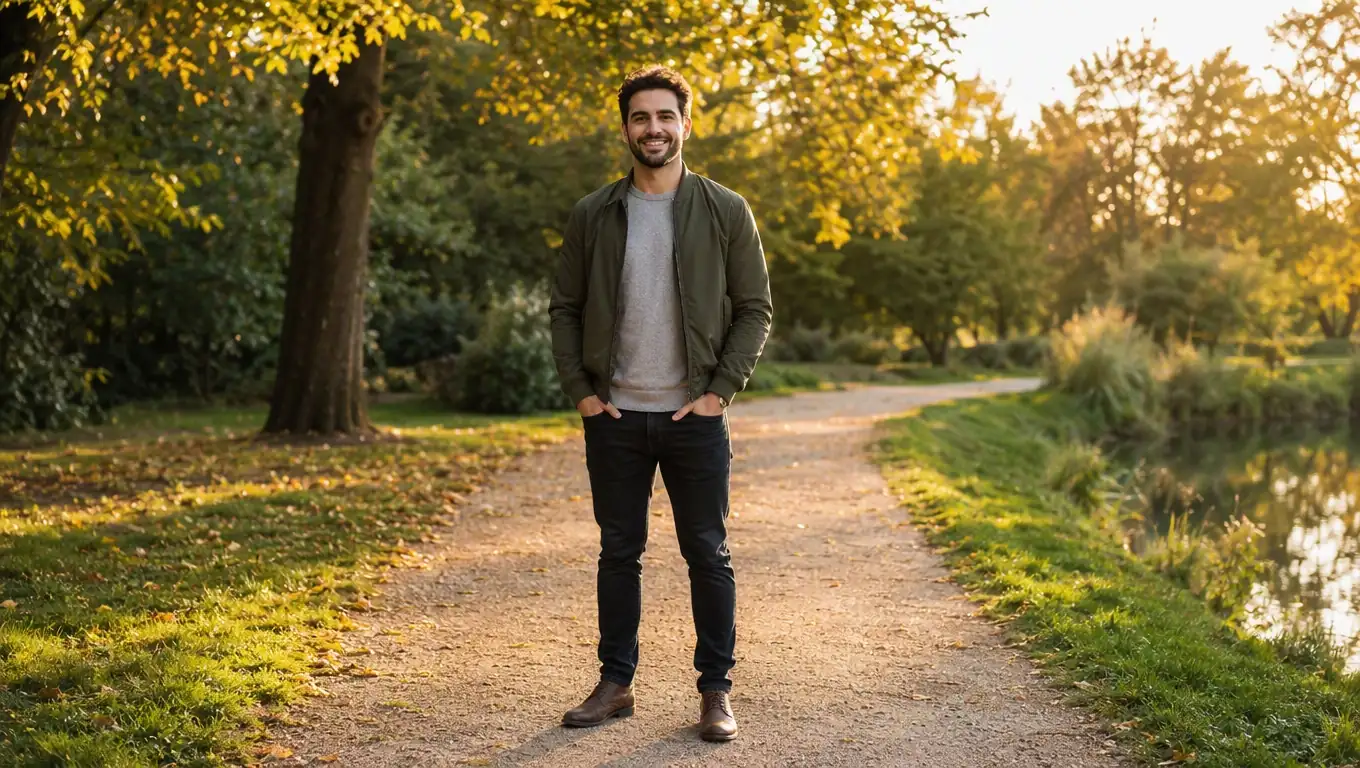 A man photographed full-length outdoors in natural light for an honest dating profile photo