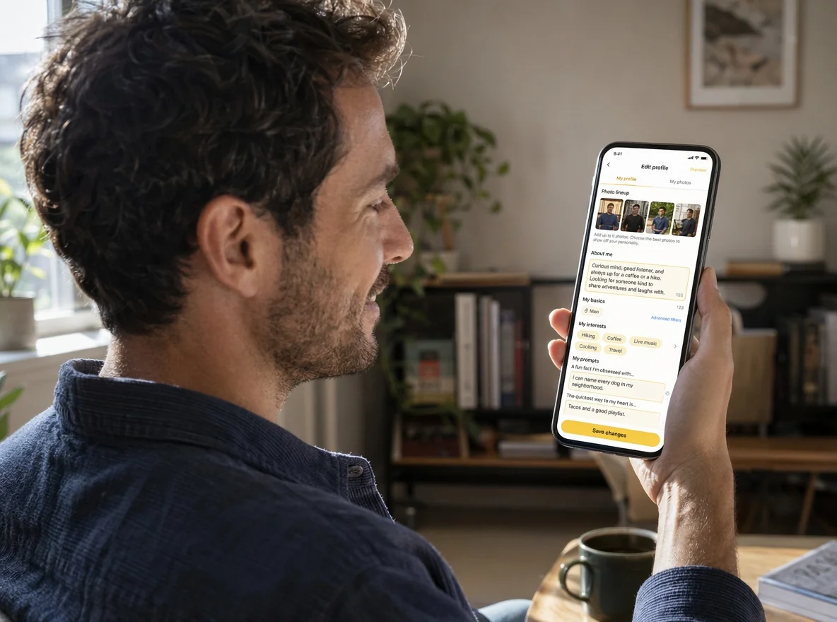 Man editing his Bumble bio and prompts while previewing his photo lineup for more replies