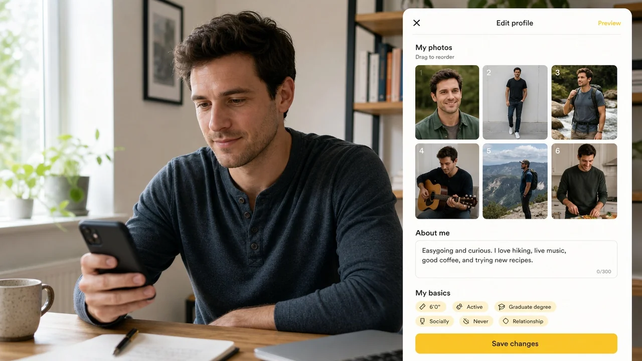 Man arranging a varied six-photo Bumble lineup with face, full-body, and activity shots on screen