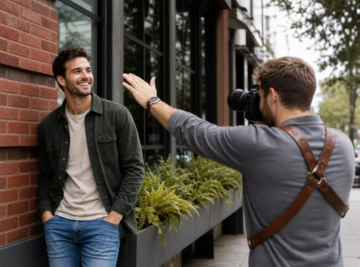Man posing during a directed dating profile photo session outdoors with a photographer