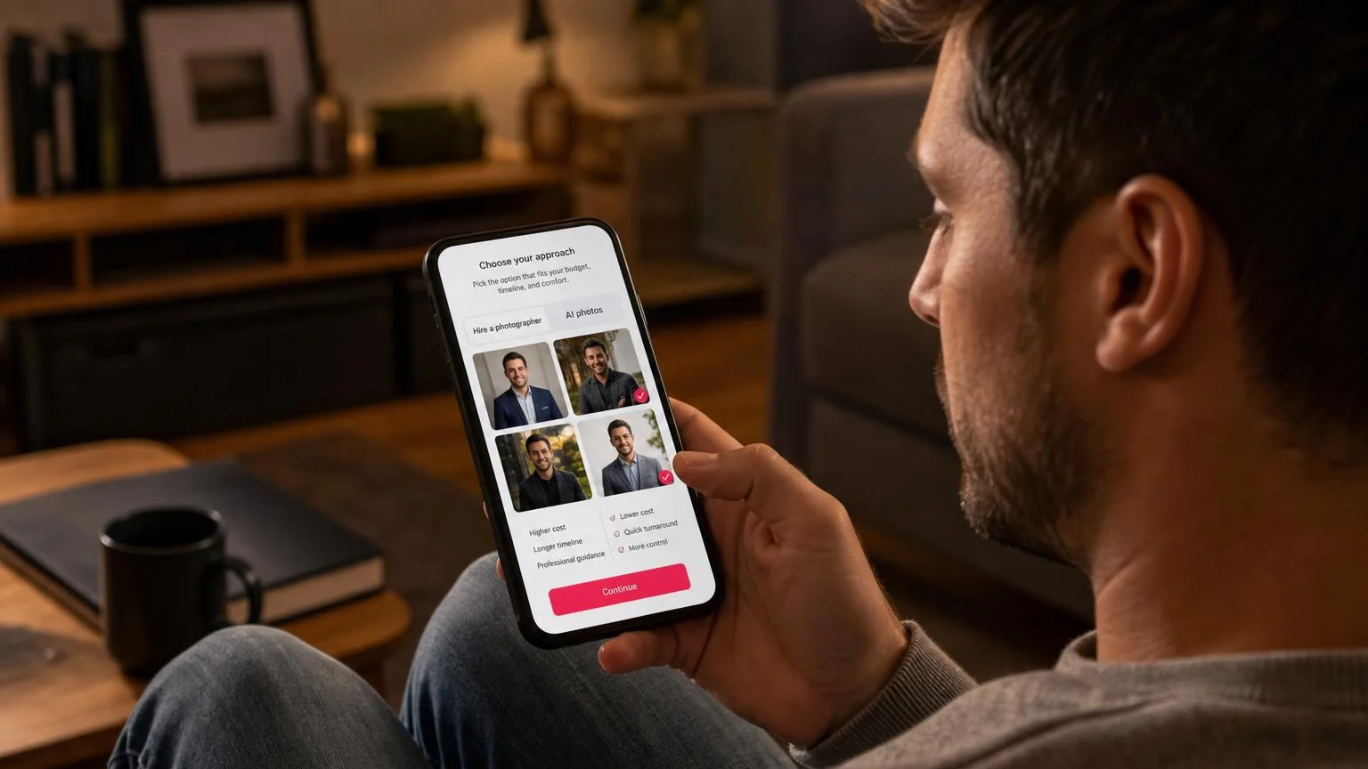 Man reviewing a grid of dating profile photo options on his phone to decide between a photographer and AI