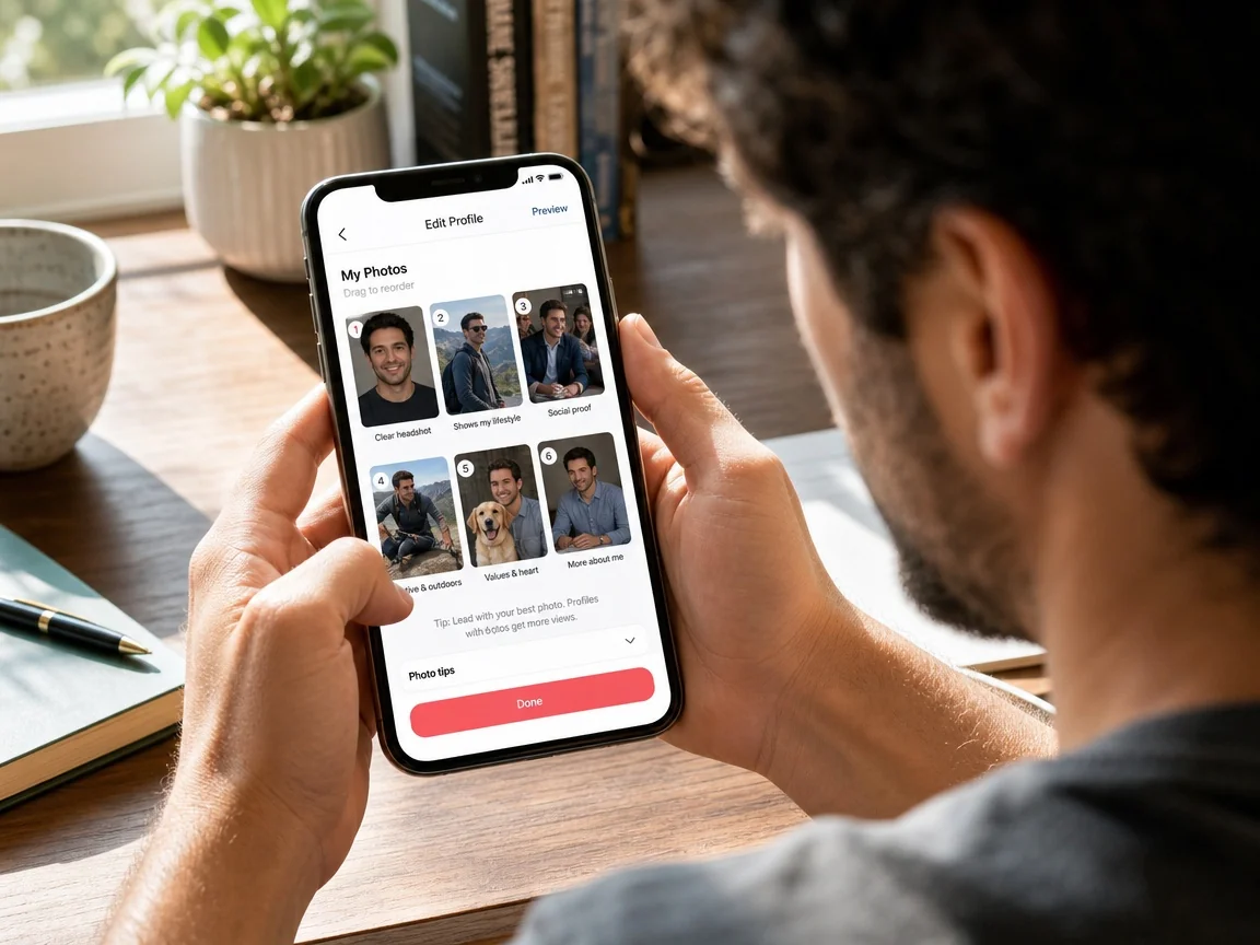 Man arranging a six-photo dating profile lineup in order on his phone for better matches