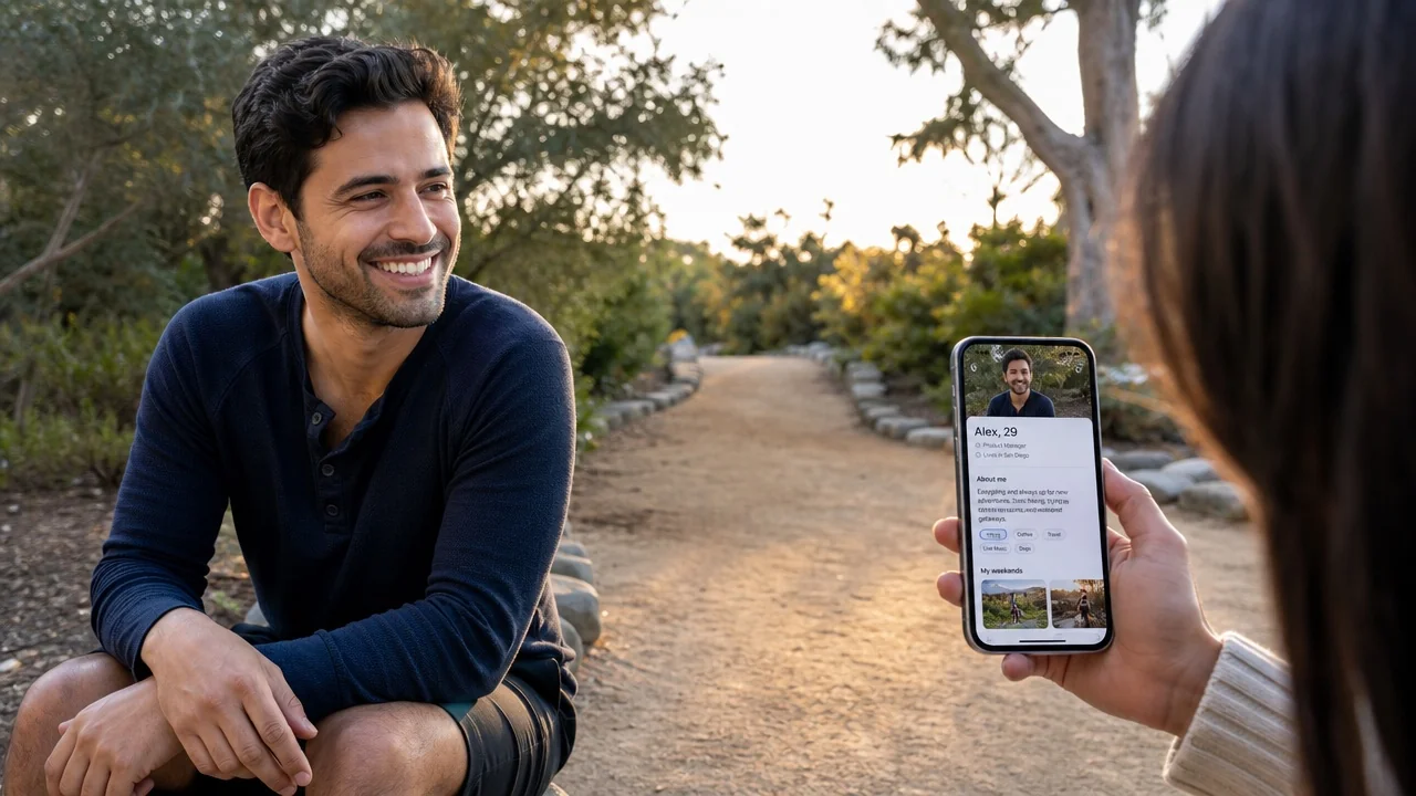Man photographed by a friend outdoors capturing natural candid dating profile pictures