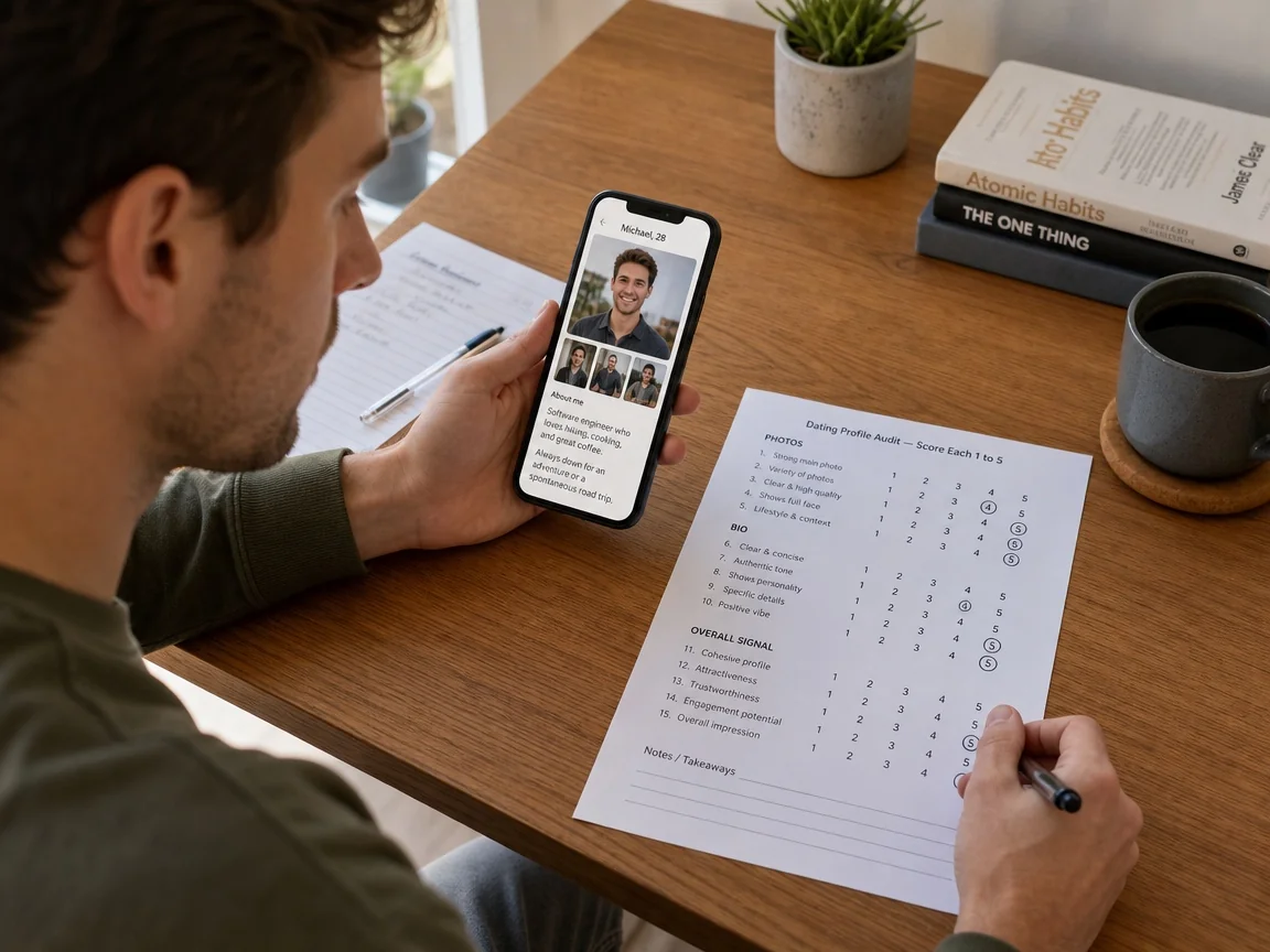 Man scoring his dating profile photos and bio against a 15-point self-audit checklist