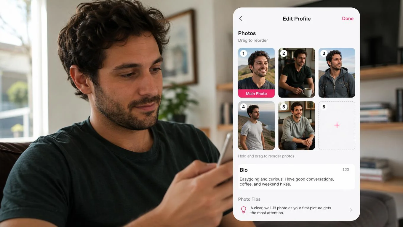 Man reordering his dating profile photo lineup to place a stronger lead photo first