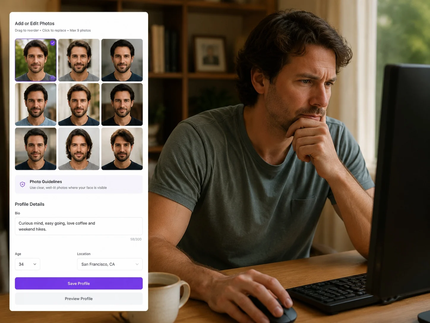 Man reviewing a grid of AI portrait results that skew toward similar headshots for a dating profile