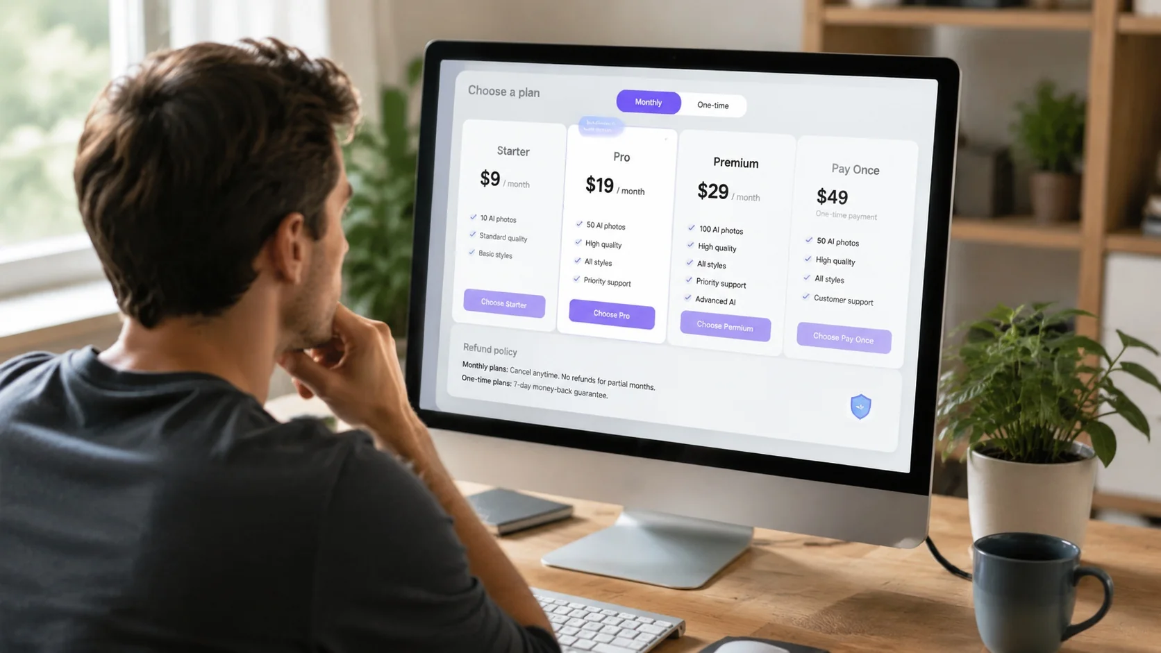 Man comparing pricing plans and payment models for AI dating photo tools before buying