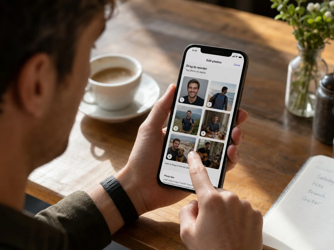 Man reordering the six photos in his Hinge profile grid to lead with a clear face shot