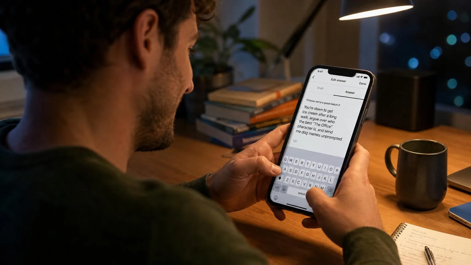 Man rewriting a Hinge prompt answer to make it specific and easy for matches to reply to