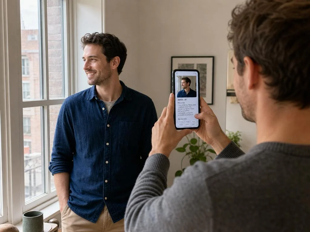 A man being photographed at eye level beside a window to capture natural dating profile pictures