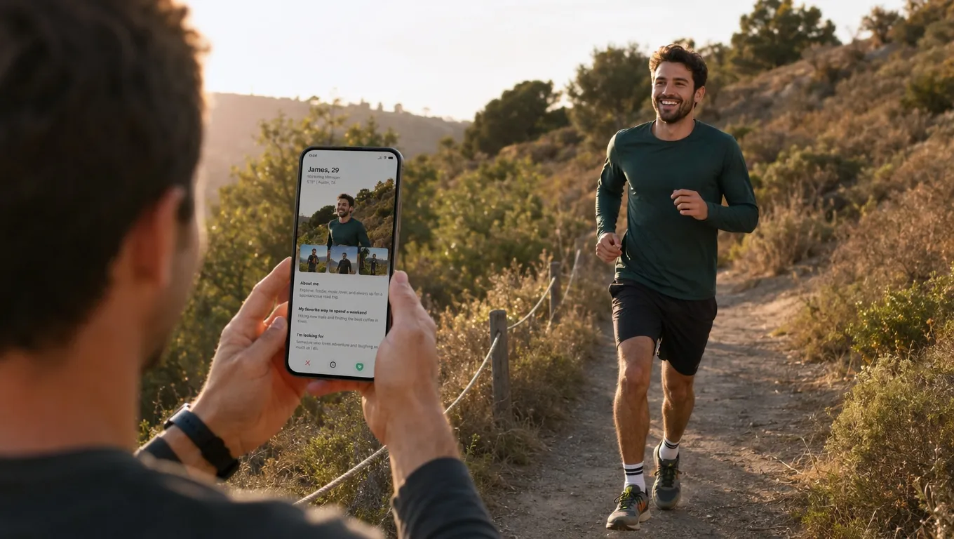 A man on an outdoor trail being photographed for a varied dating profile lineup showing a lifestyle activity shot