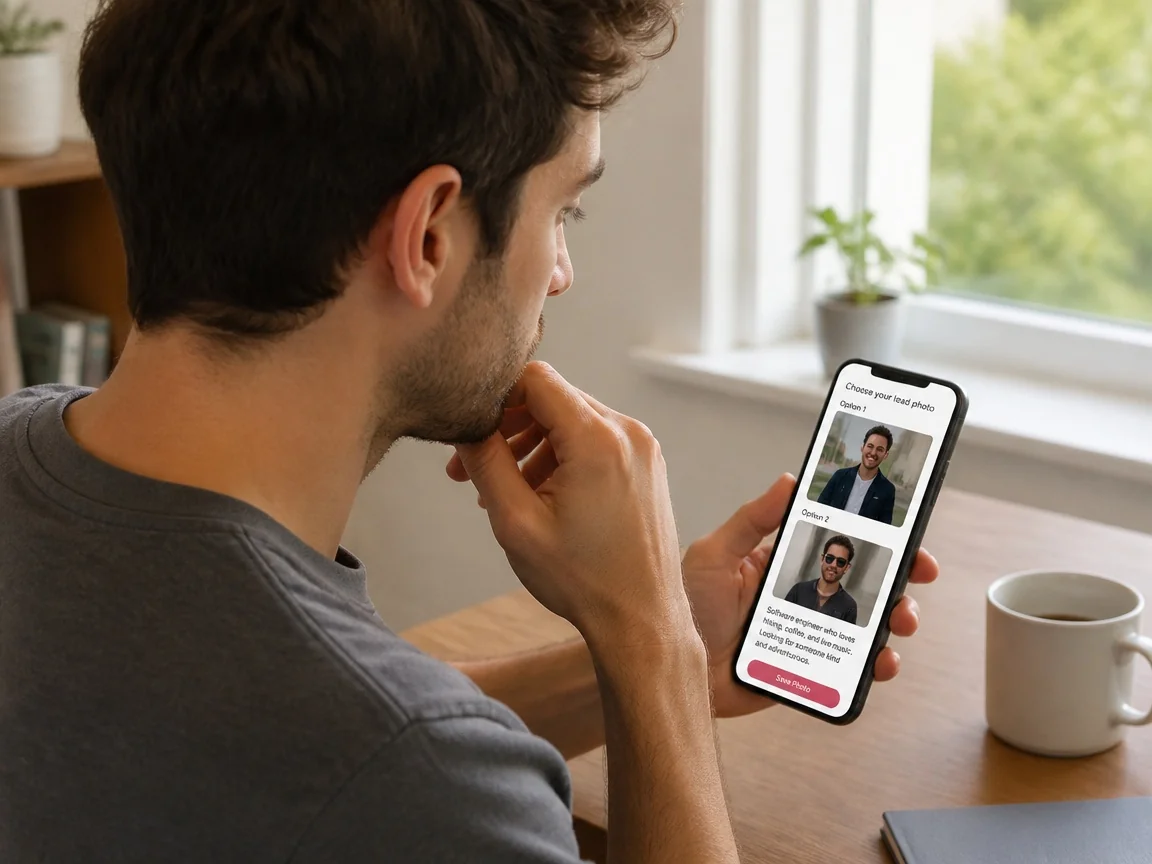 Man comparing two lead Hinge profile photos on his phone to fix his first impression
