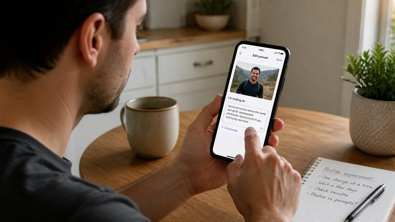 Man editing one Hinge prompt at a time on his phone to isolate what is hurting his matches