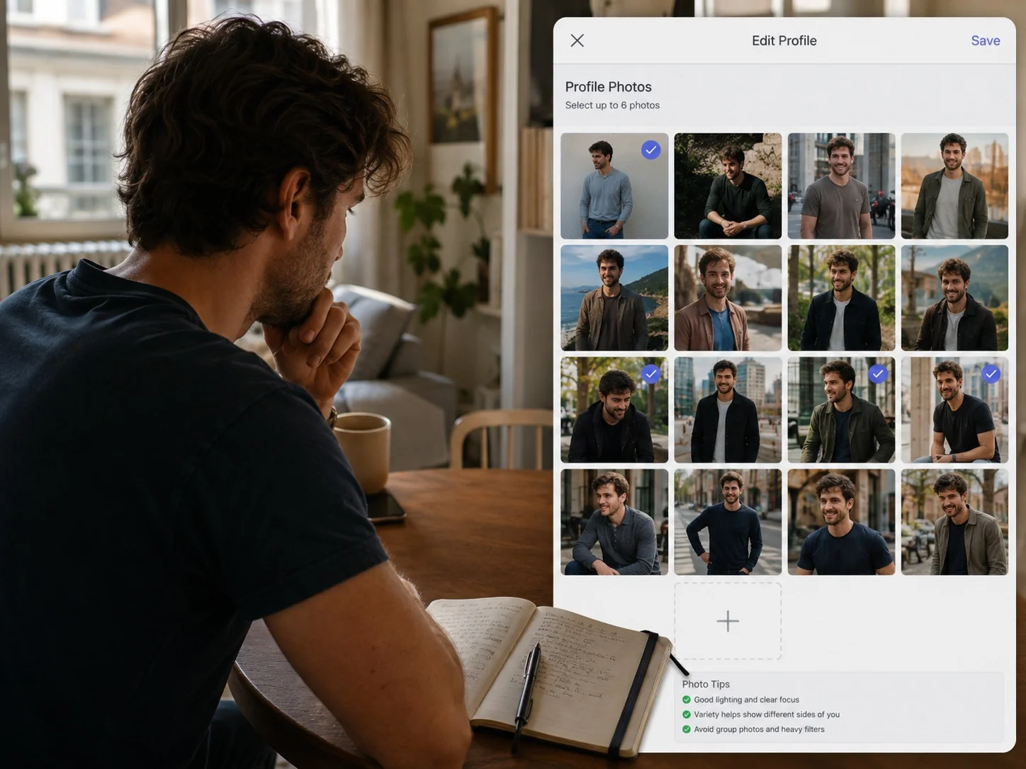 Man selecting a few keeper photos from a large grid of AI-generated portraits for his dating profile lineup