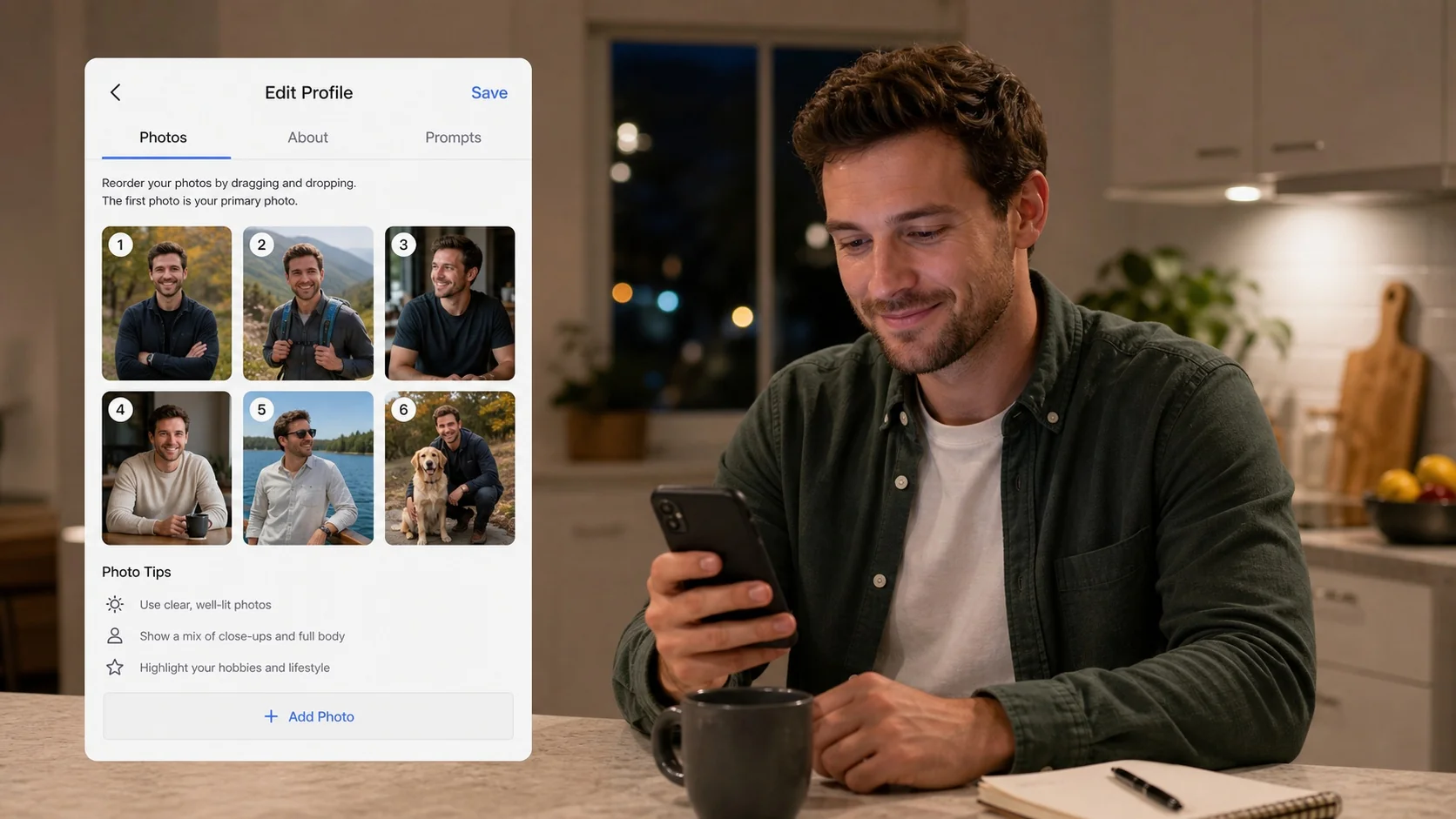 Man reordering dating profile photo slots after deciding between a general AI photo tool and a dating-specific pack