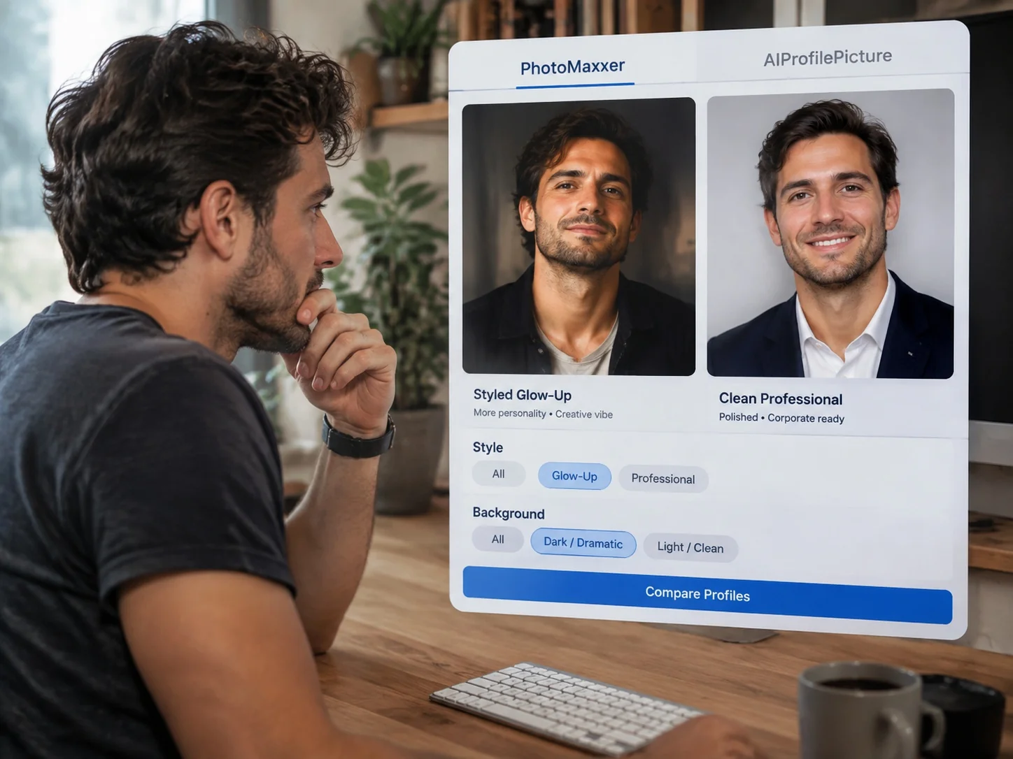 Comparison interface showing a styled glow-up portrait set next to a clean professional headshot set generated by AI