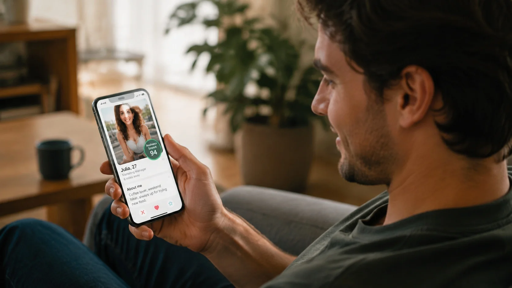 Man checking a dating profile photo on his phone with a Realness Score badge showing how authentic the image looks