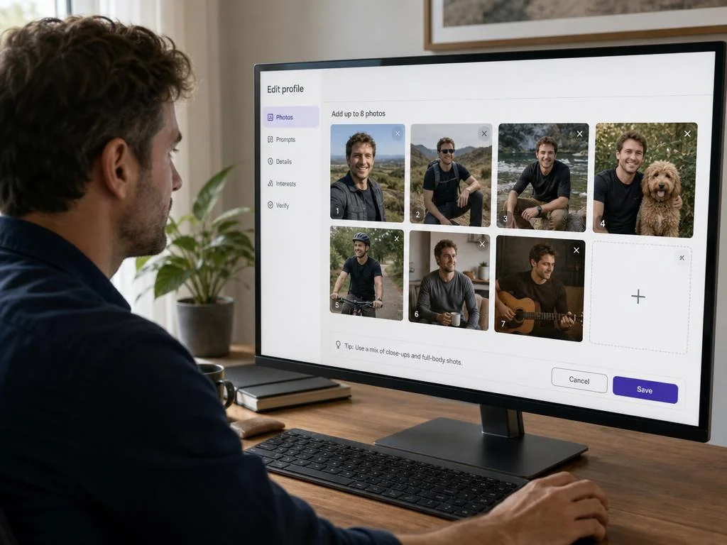 Man arranging a fuller photo set on a wide desktop dating site profile layout with a photo grid