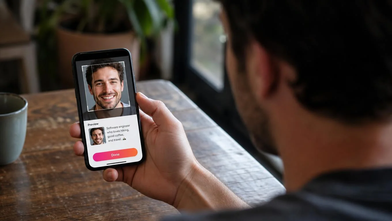Man cropping his lead face photo into a square-safe frame on a mobile dating app profile card