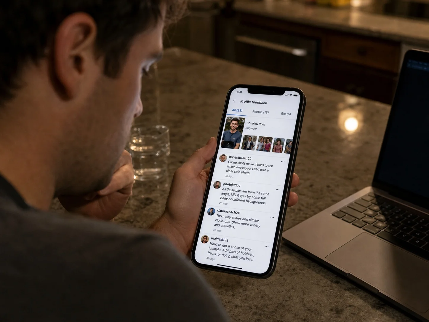 Man reading blunt feedback comments about his dating profile photos in a rate-me discussion thread