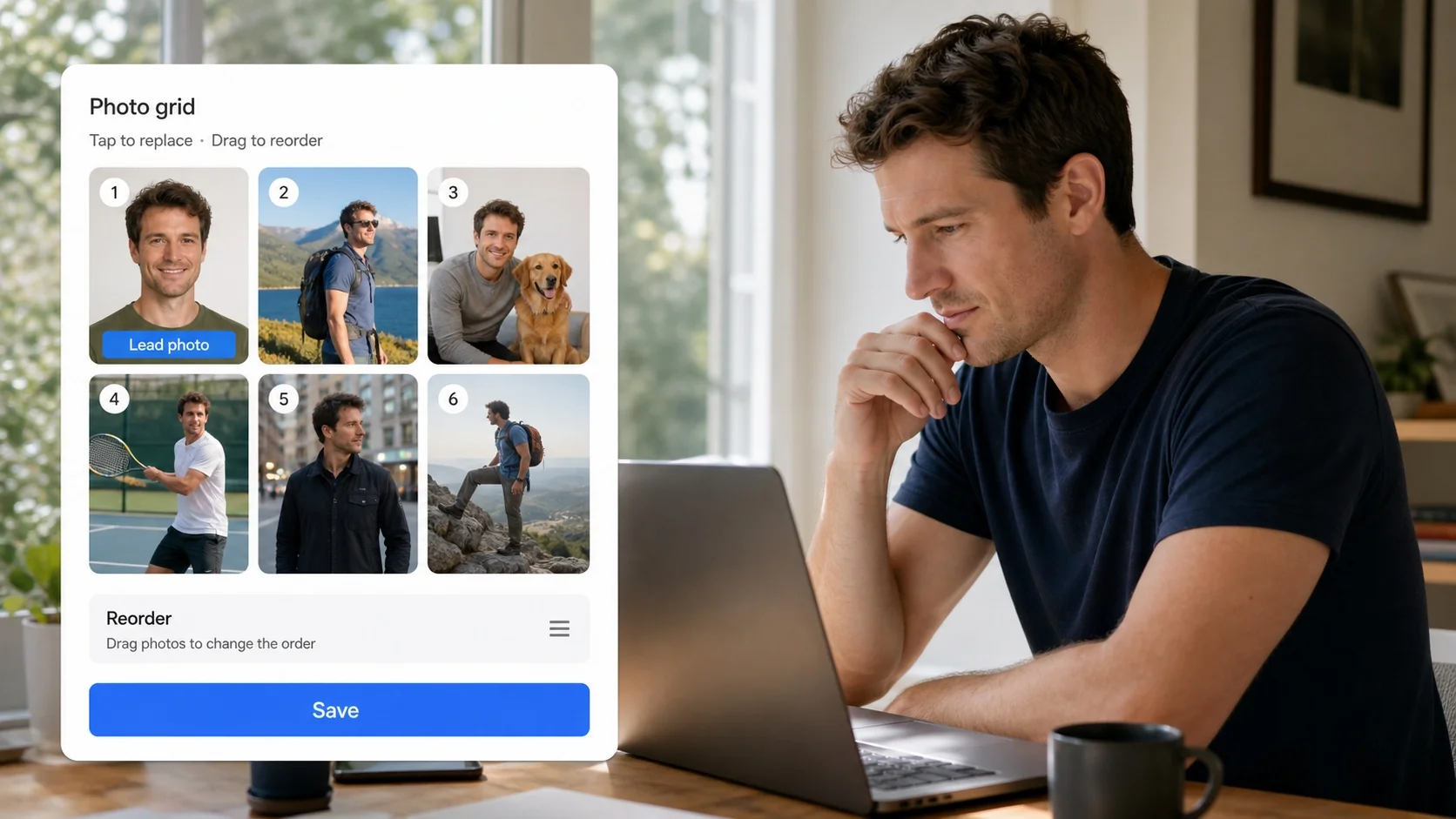 Dating profile photo grid being reordered to replace a weak lead photo and add lineup variety