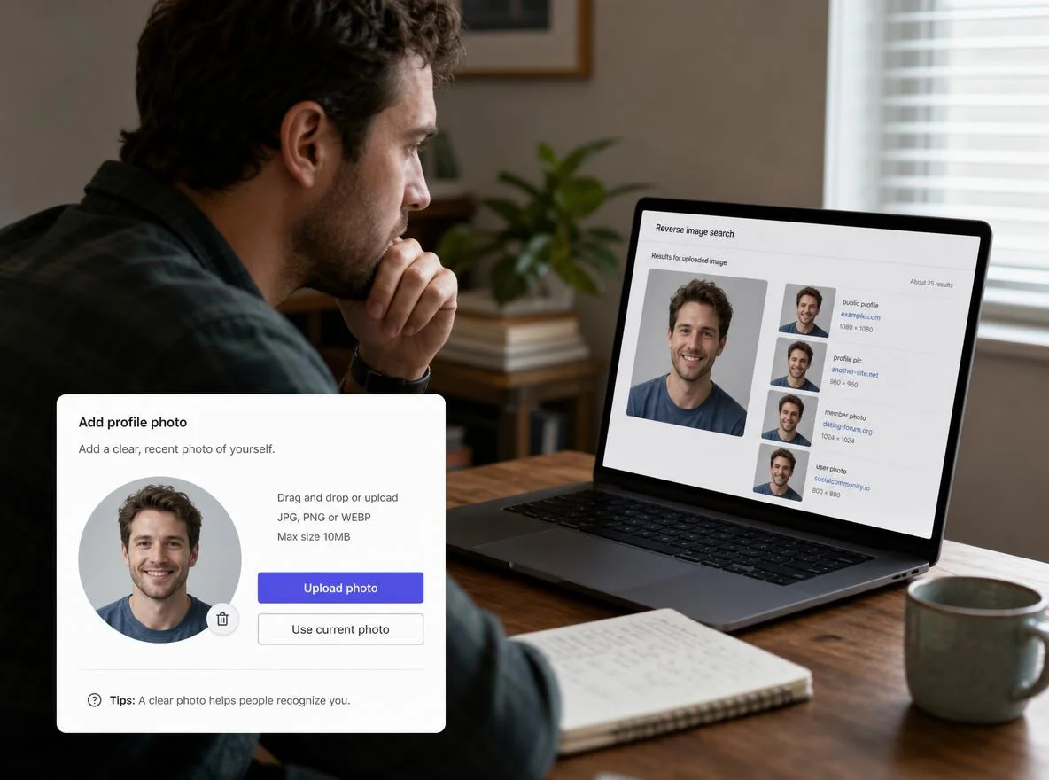 Man running a reverse image search on a dating profile photo to detect stolen or scammer images
