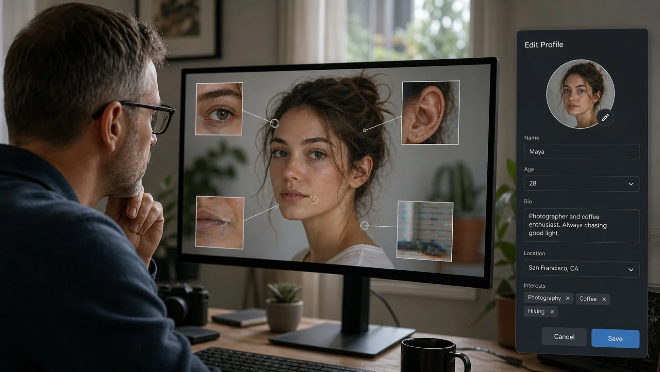Man zooming into a portrait to inspect AI-photo tells like distorted ears, hands, and backgrounds