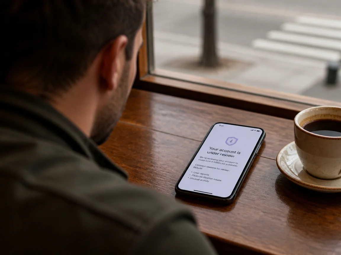Man reviewing a dating-app account status notice while thinking through what triggered the review