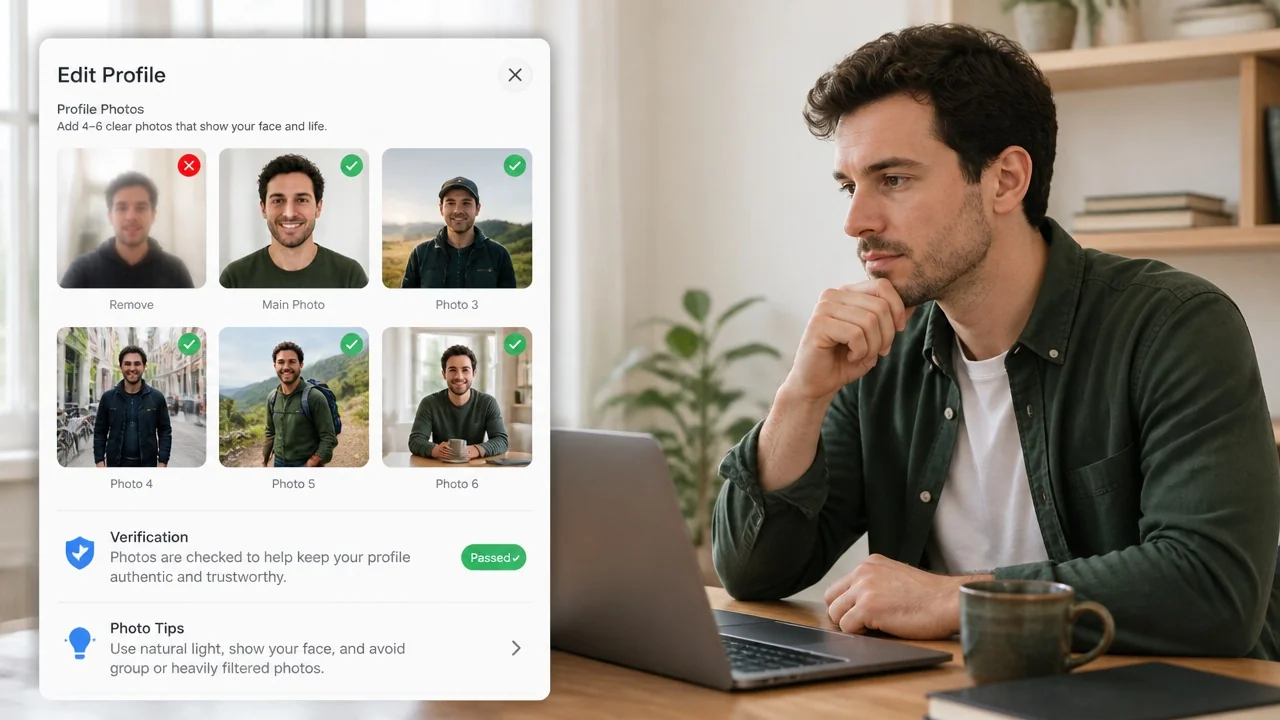 Comparison of a blurry selfie against a clear natural profile portrait in a dating photo lineup