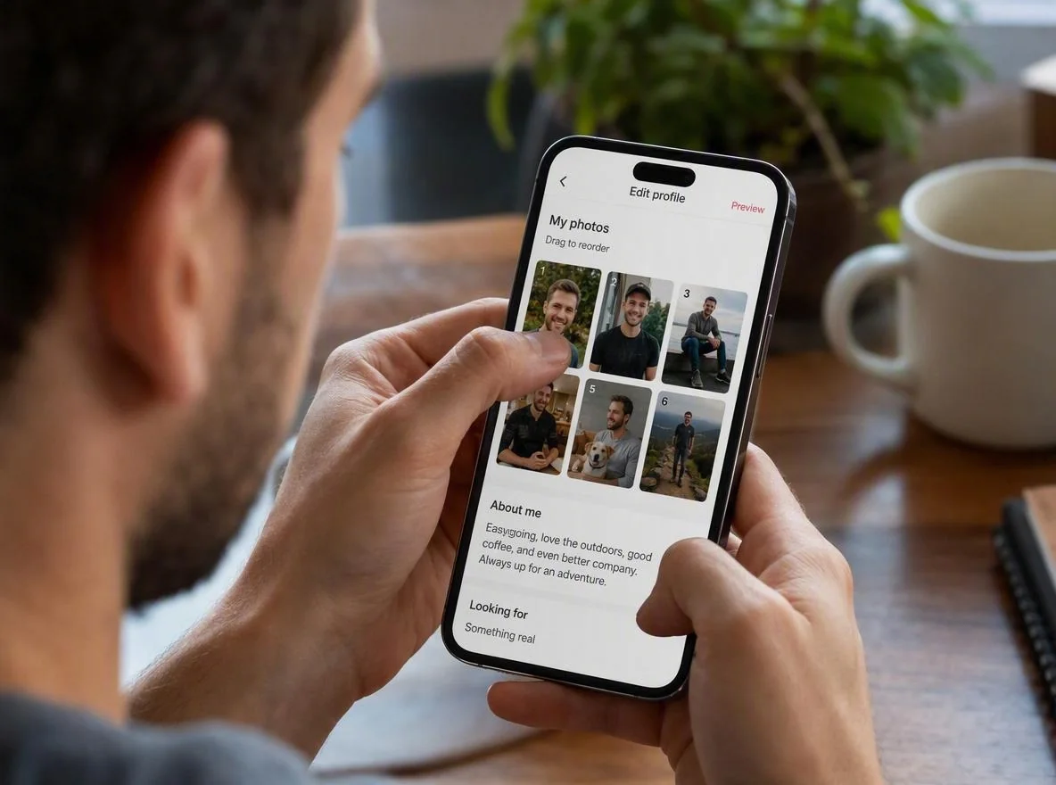 Man reordering his Tinder photo lineup on his phone to fix the weak first photo during a profile review