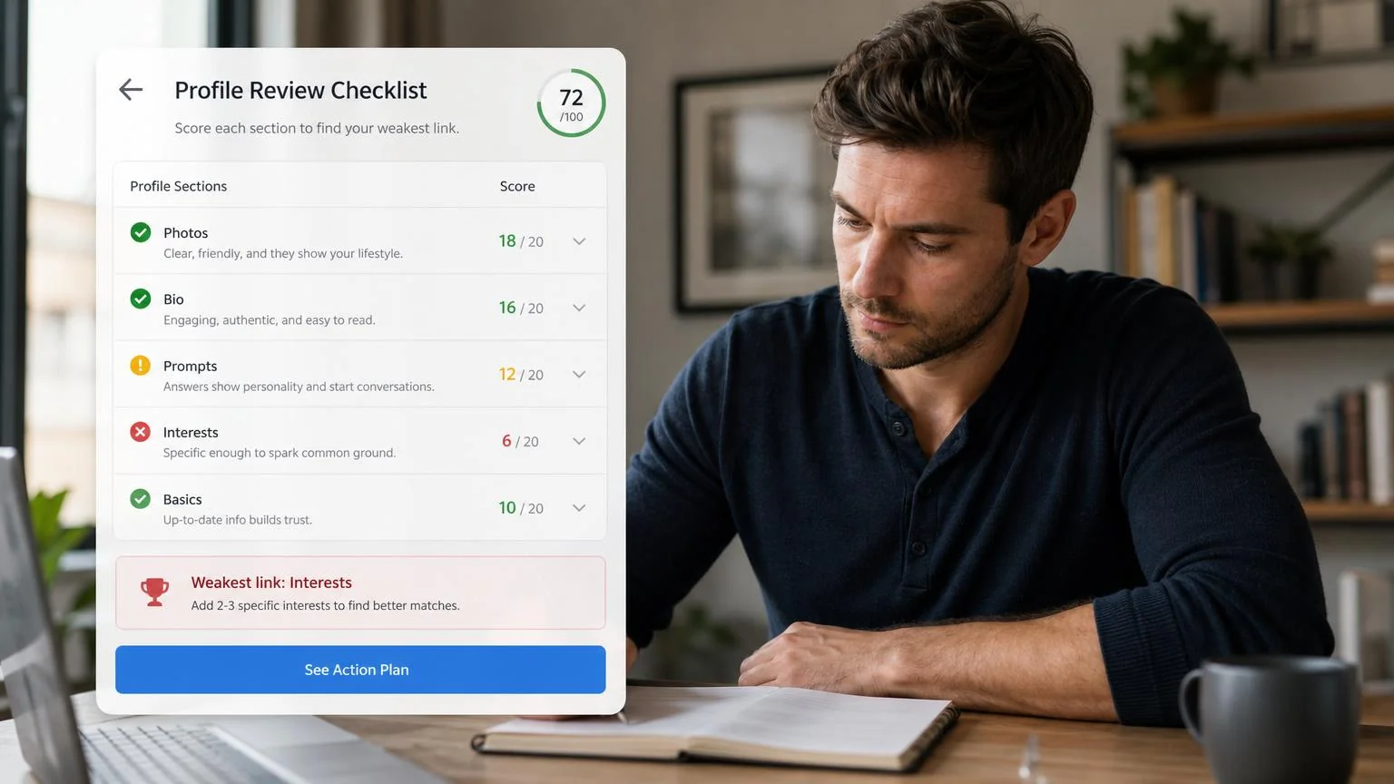 Man scoring his Tinder profile against a fast review checklist to find which layer to fix first