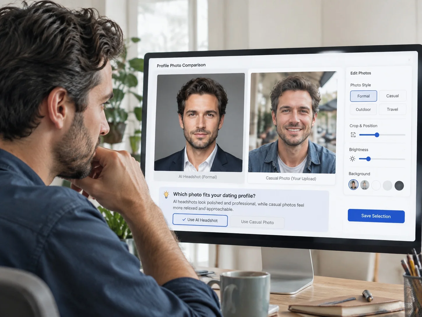 Man comparing a formal AI headshot with a casual candid version for his dating profile