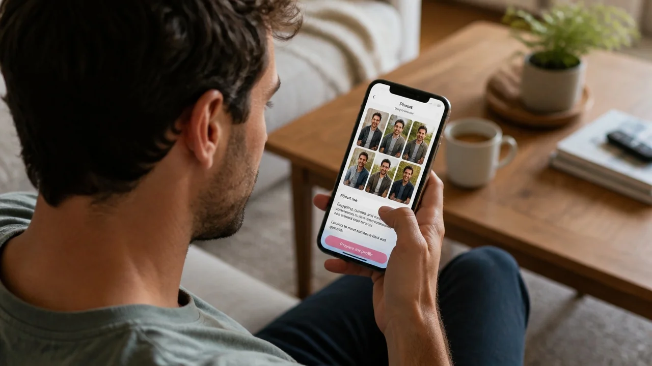 Man reviewing a lineup of natural-looking dating profile photos on his phone before publishing