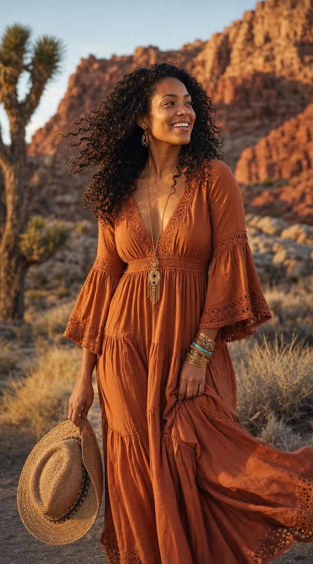AI outfit generator result: woman in a rust-orange bohemian maxi dress in a desert canyon