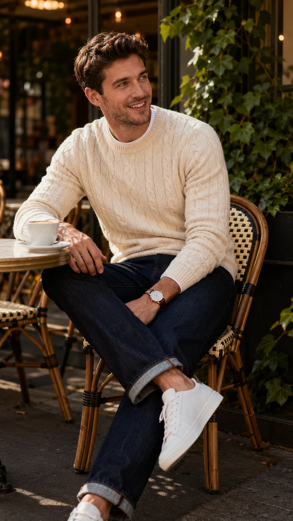 AI outfit generator result: man in a cream cable-knit sweater at an outdoor café