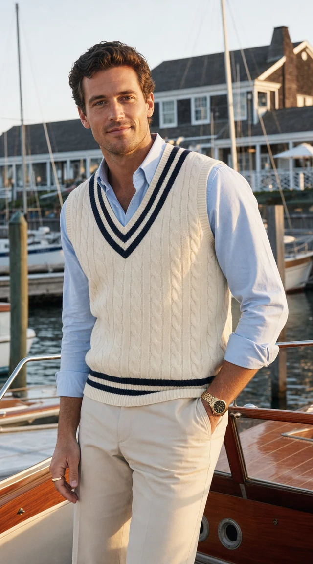 AI outfit generator result: man in an old-money tennis vest on a yacht
