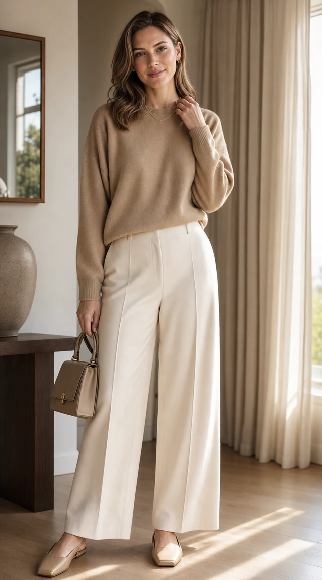 AI outfit generator result: woman in a camel cashmere quiet-luxury outfit