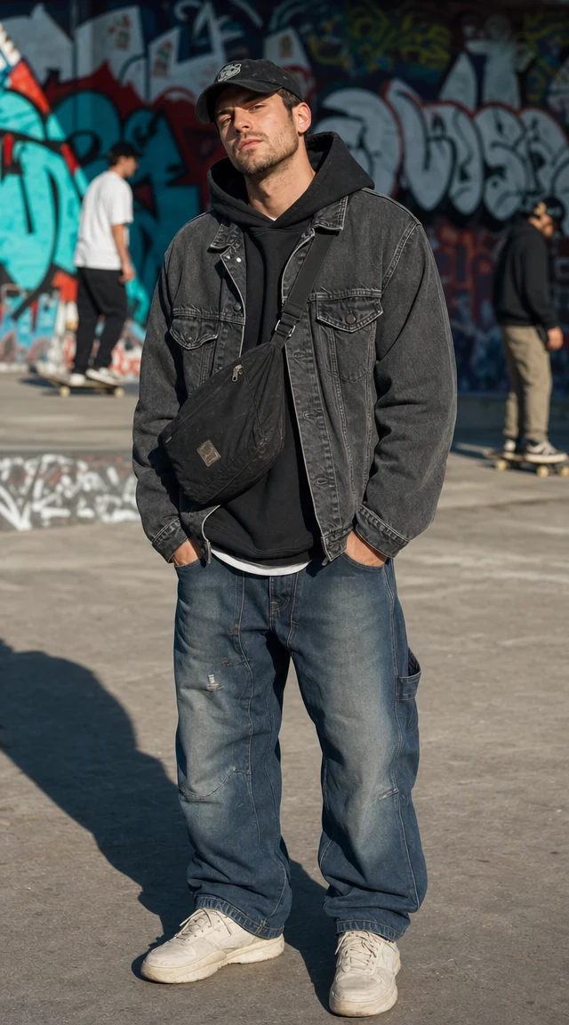 AI outfit generator result: man in oversized streetwear by a graffiti wall