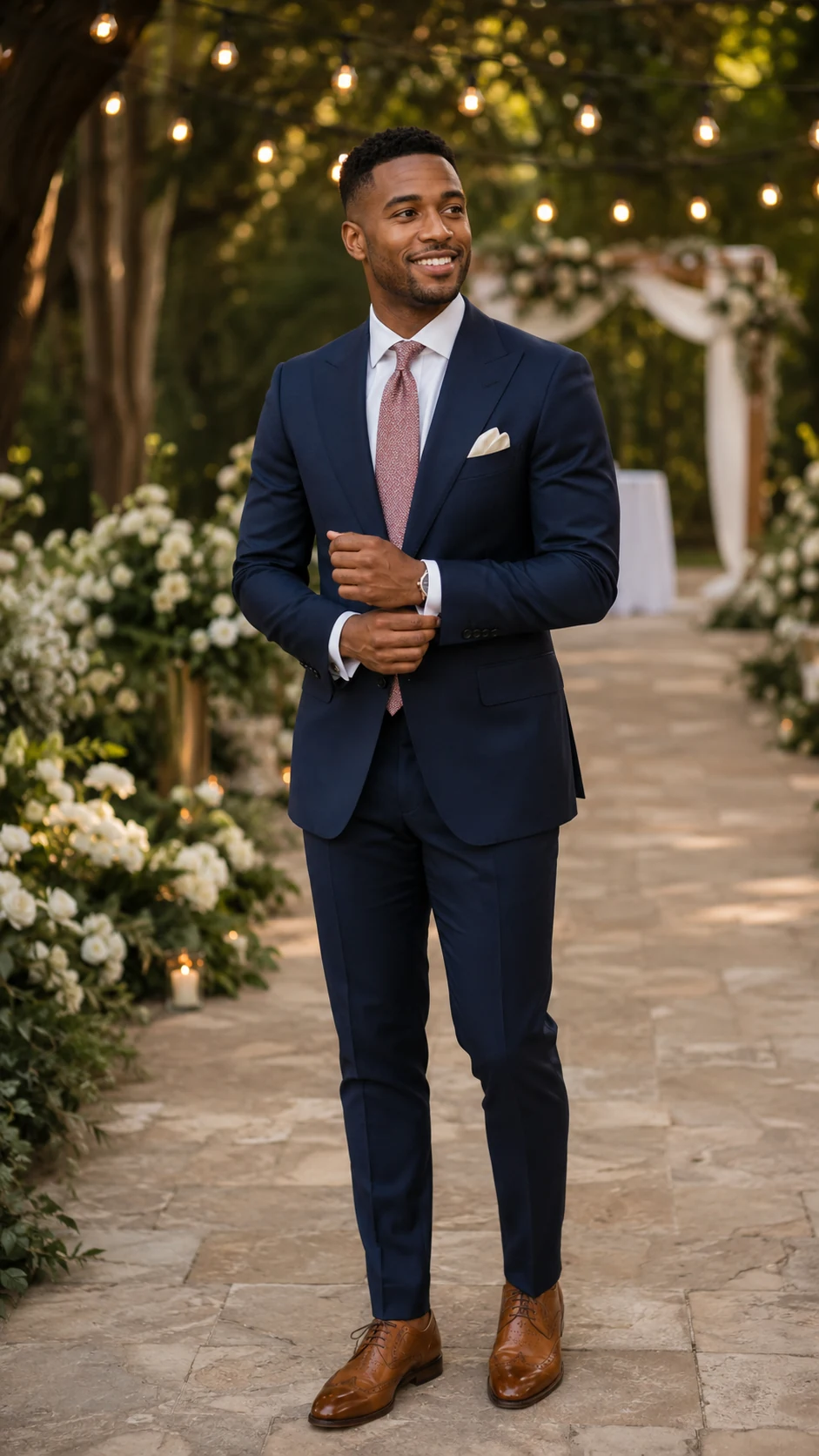 AI outfit generator result: man in a navy wedding-guest suit on a garden pathway