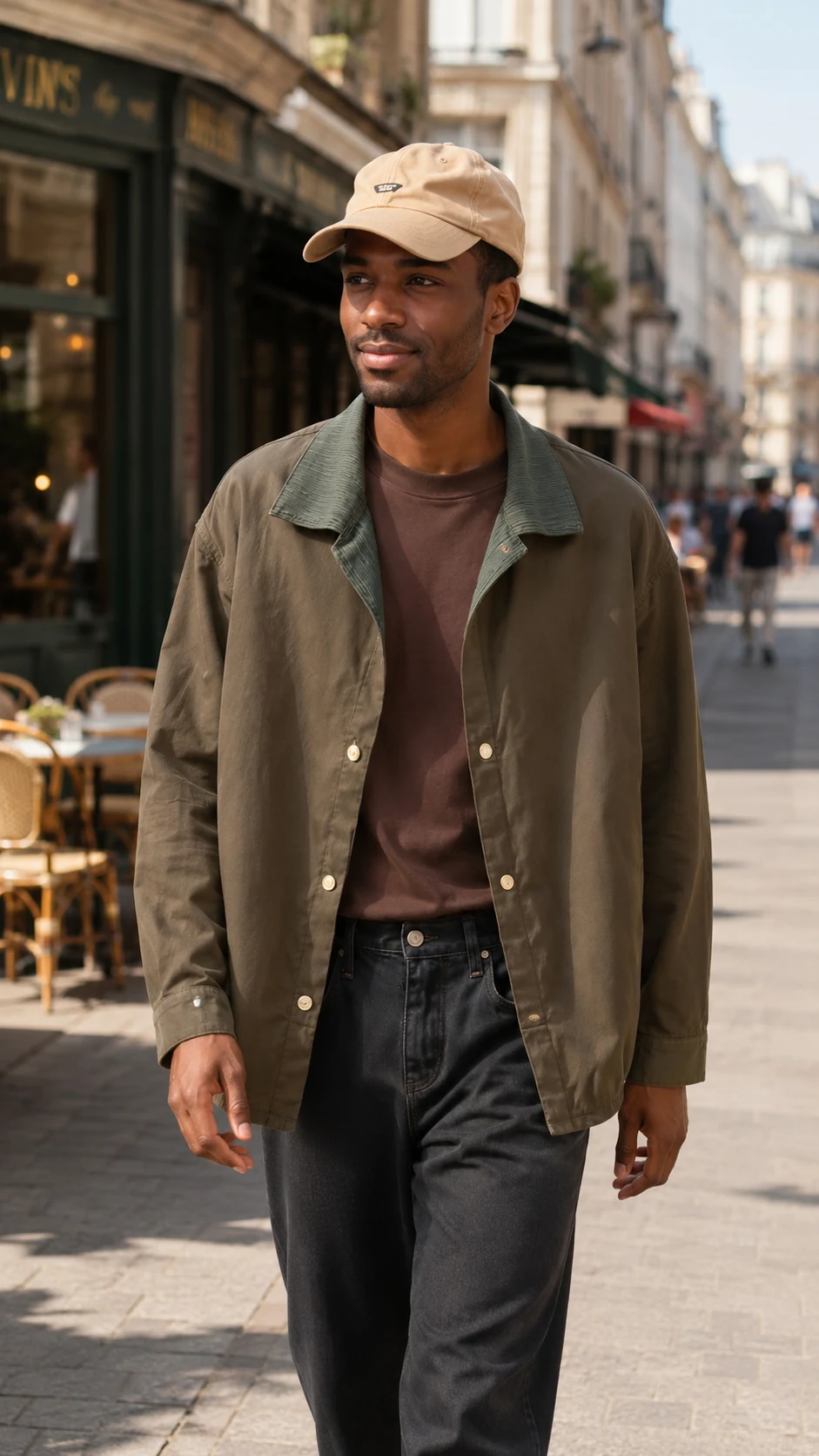 AI clothes changer result: male wearing Olive Shirt Jacket + Cap in European city street