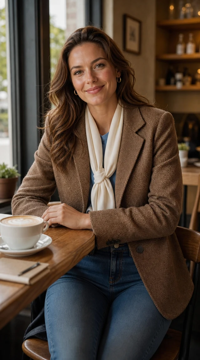 AI clothes changer result: female wearing Brown Herringbone Blazer + Scarf in cozy modern café
