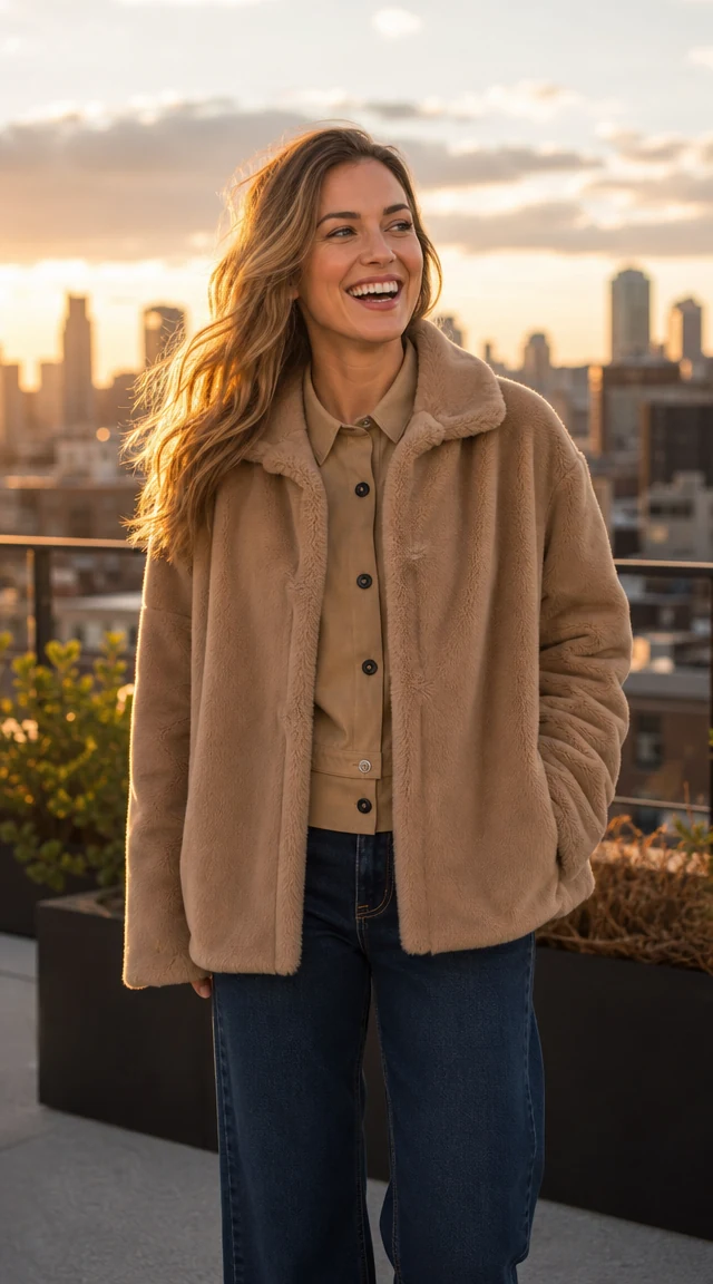 AI outfit generator result: woman in a camel teddy-fleece coat on a city rooftop