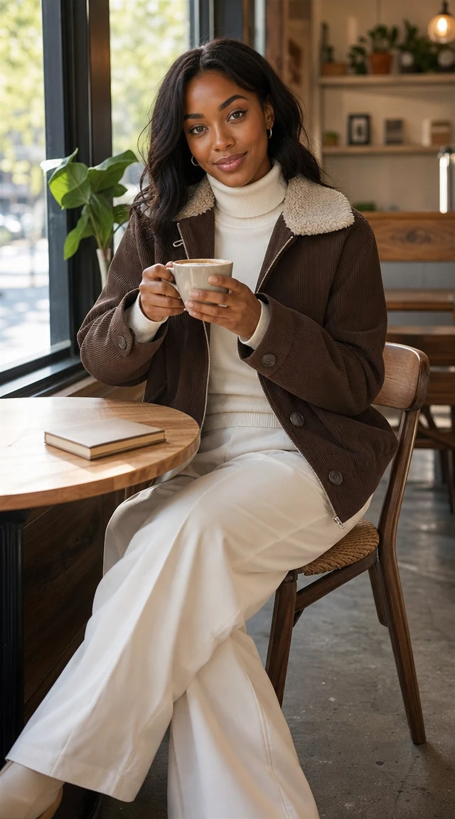 AI clothes changer result: female wearing Sherpa Collar Jacket + Turtleneck in cozy modern café