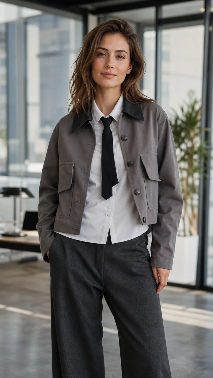 AI clothes changer result: female wearing Cropped Workwear + Shirt & Tie in modern minimal office